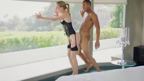 Mona Wales in black lingerie fucked by black stud from behind