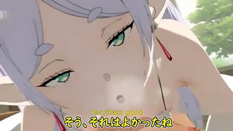 Frieren hentai closeup with seductive green eyes, pale skin, elf ears