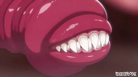 Shiny pink tentacle monster with sharp white teeth, hentai style