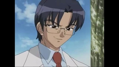 Handsome young Asian man in white lab coat and glasses smiles confidently