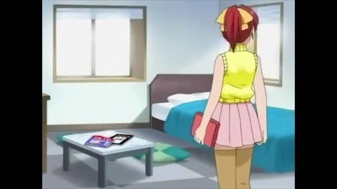 Anime girl in yellow tank top & pink skirt in bedroom, Olivia Would