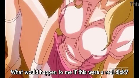 Blonde hentai girl with huge tits in skimpy pink dress, legs spread wide