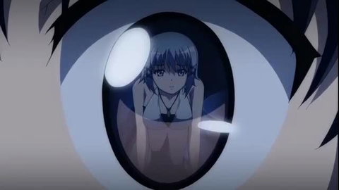 Anime hentai girl with blue hair in revealing white swimsuit, eye-level closeup