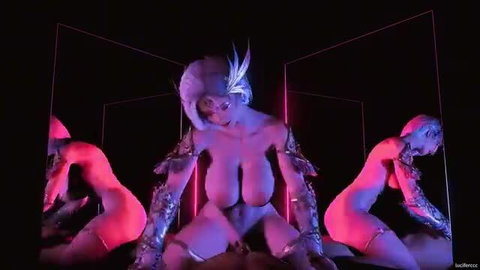 NewNew in cyberpunk armor, nude tits and pussy exposed, neon mirror solo pose