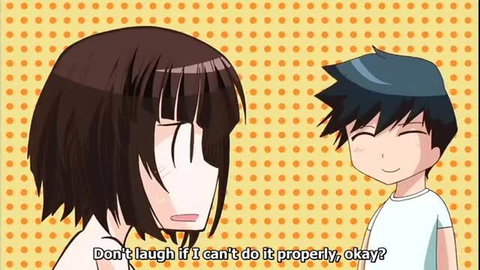 Cute anime girl shyly asks boy not to laugh in Oyomesama Honey Days hentai