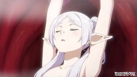 White-haired elf girl with huge tits in sticky tentacle hentai scene