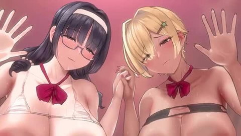 Japanese black-haired glasses girl and blonde gal in skimpy lingerie, hands up seductively