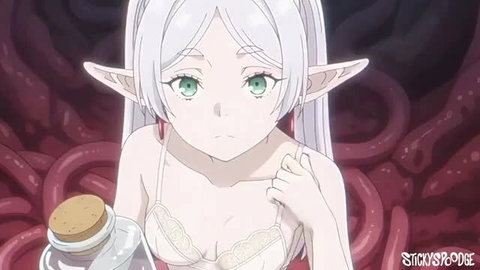 anime elf girl holding a bottle, partially undressed