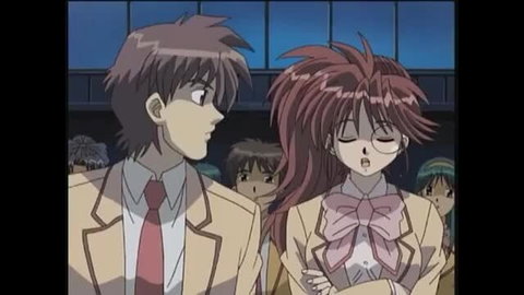 Anime JAV couple in school uniforms, guy gazing at busty redhead girl