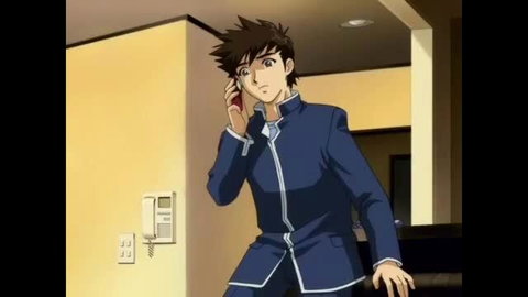 Anime magical girl in sexy navy Chinese dress on phone call, hentai style