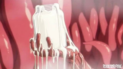 Anime hentai girl with red nails holds overflowing cum jar, tentacle tease