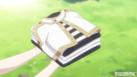 Folded white school uniform held by hands on green grass in anime hentai scene