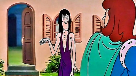 Cartoon brunette in low-cut purple dress gestures surprised to redhead queen in green robe at house door