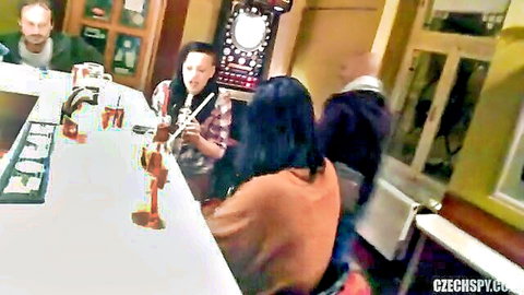 European amateurs in casual bar chat, leading to toilet fun