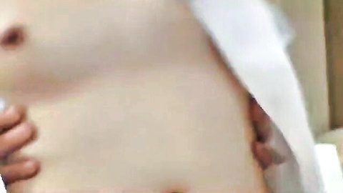 Pale Japanese babe's belly exposed as rough hands pull white veil aside intensely