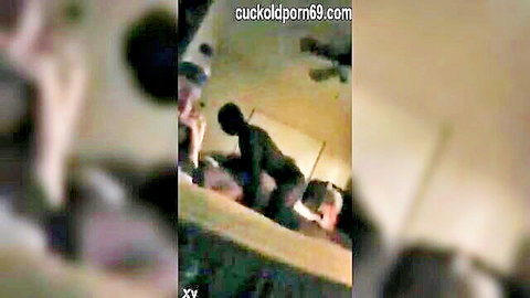 Black bull fucks white wife doggy style in blurry amateur cuckold hotel threesome