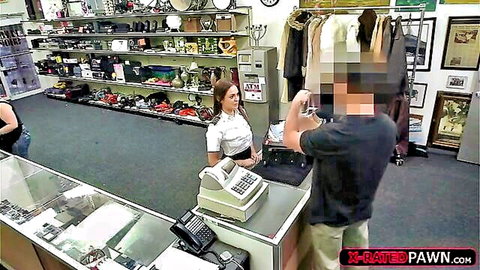 Brunette Spanish stewardess in uniform at pawn shop counter with customer
