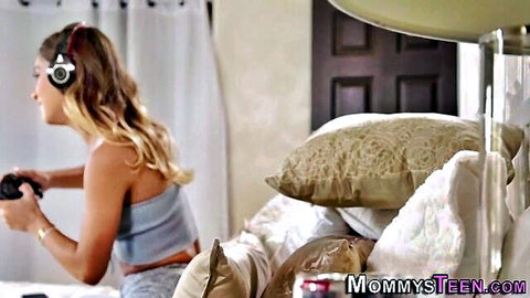 Busty mature stepmom milf gaming in tank top and shorts