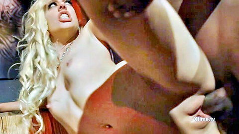 Jessie Volt topless blonde in intense oral sex scene from pub foursome