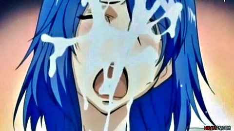 Alena Young hentai facial cumshot, blue-haired anime girl with semen on face