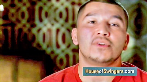 Asian man in red shirt from horny swinger couples house party