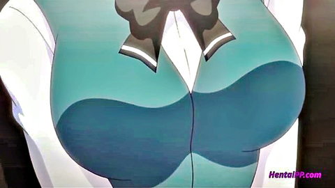 Hentai secretary with huge breasts in tight teal uniform, cleavage tease