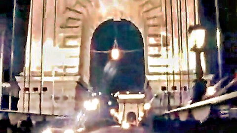 Dark gothic archway illuminated by lanterns and warm lights at night