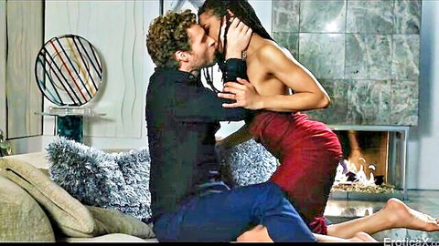 Kira Noir ebony beauty topless kissing on lap in red dress