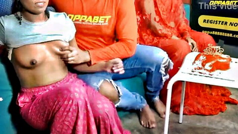 Kata exposes perky tits during cake scene with couple, Indian amateur tease