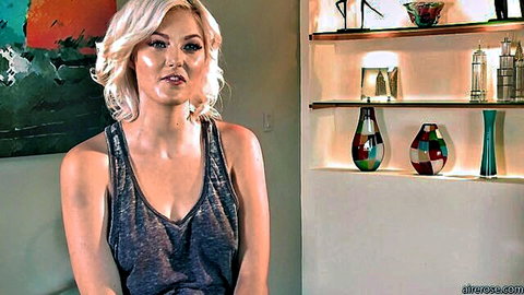 Jenna Ivory cute blonde with sperm on face, wearing tank top