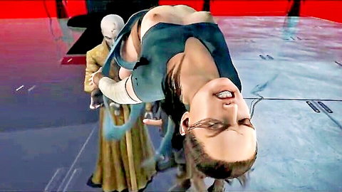 Rey Star Wars cosplay joins dark side, bent backward topless held by Sith