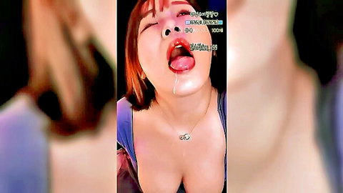 Asian woman close-up ASMR with open mouth, tongue out and dripping white liquid