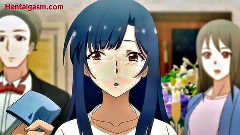 Anime hentai thumbnail: dark-haired girl in white dress with suited man and brunette woman