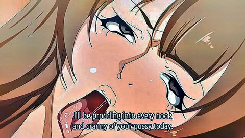 Ecstatic hentai girl with long brown hair, wide eyes and open mouth in pleasure