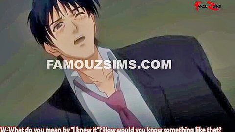 Shocked dark-haired anime guy in black suit and red tie with surprised expression in hentai comic.