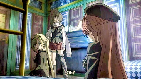 Three anime schoolgirls from Trinity Seven in uniforms, surprised reaction, hentai teaser
