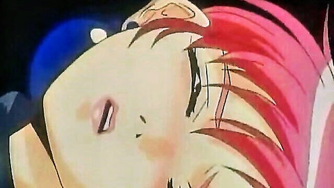 Anime hentai close-up of cute redhead girl with eyes closed, being licked by woman
