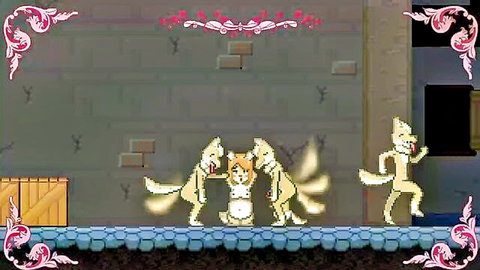 Hentai pixel art of kitsune fox girls in gangbang scene from Mystick Knight Maya