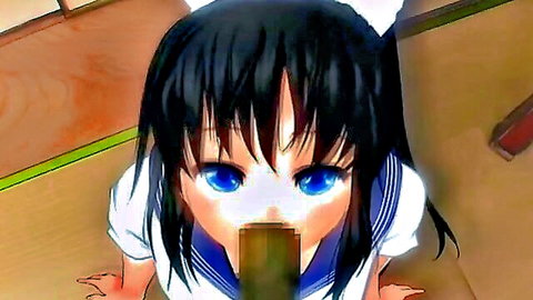 Hentai schoolgirl with black hair in sailor uniform performs oral POV