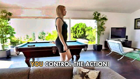 Blonde babe with big tits and curvy ass in tight black dress teasing by pool table