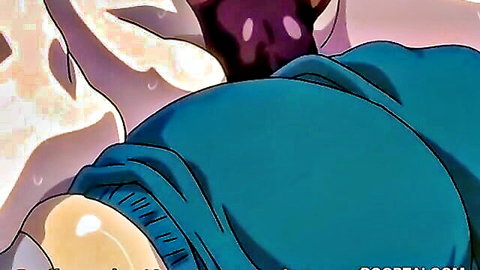 Anime girl in glasses working hard tentacle phallus close-up on big ass
