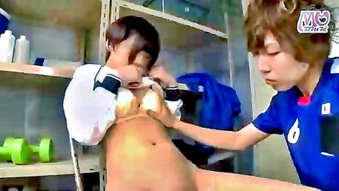 Japanese JAV schoolgirl in open uniform jacket groped by man
