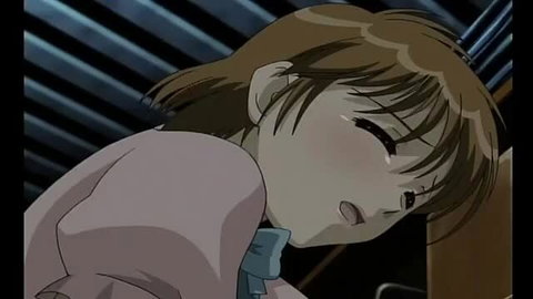 Blushing anime girl with short brown hair in pink top, aroused expression closeup
