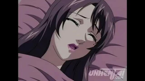 Horny anime stepmom with long black hair lying in bed aroused expression