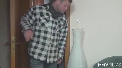 Grandma in checkered shirt leans at door sucking cock MMV Films