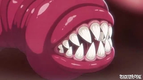 Pink tentacle monster with sharp teeth in StickySpoodge hentai Tenta time vol.1