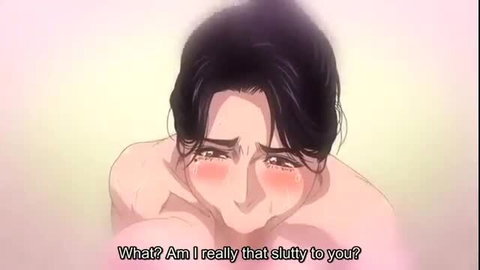 Anime girl with black hair crying, asking 'Am I really that slutty to you?' JAV hentai scene