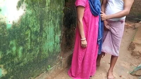 Horny Indian roommate grabs woman in pink dress outdoor fuck scene