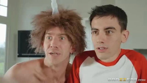 Rebecca More with wig fucked by young guy in wild unicorn scene