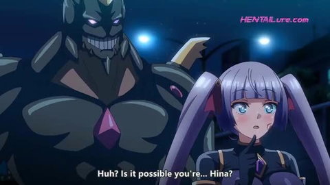 Huge green monster towers over busty purple-haired hentai girl Hina in shock